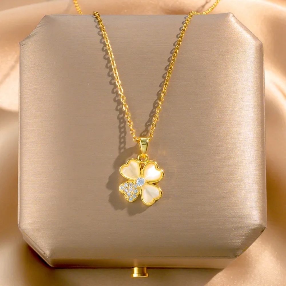 Elegant glam four leaf clover 304 stainless steel copper Zircon Inlay pendant